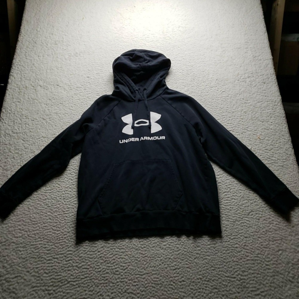 Under Armour Hoodie Mens Large Black Fleece Pullover Big Logo Kangaroo Pocket